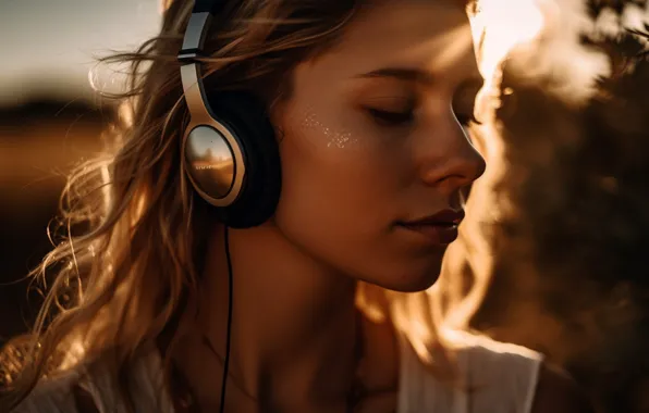 Girl, the sun, rays, light, sunset, nature, face, music