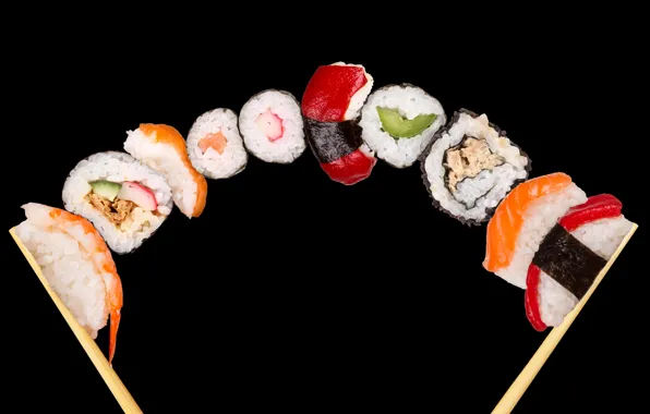 Sticks, sushi, rolls, seafood
