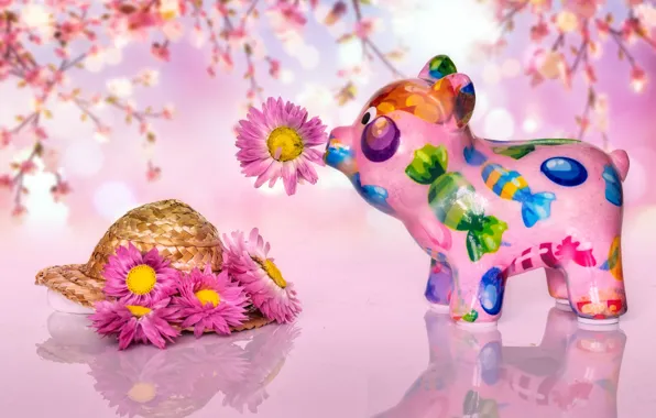 Flowers, pink, toy, candy, pink, pink background, pig, Milota