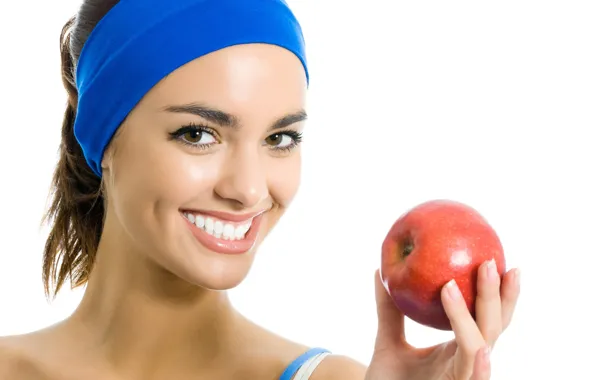 Picture look, close-up, smile, apples, portrait, hands, makeup, hairstyle