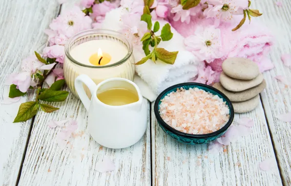 Flowers, stones, oil, branch, Sakura, Spa, salt, Olena Rudo