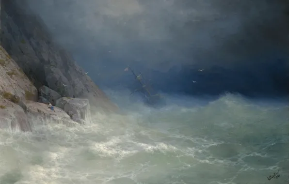 Sea, storm, rocks, picture, 1880, Survivors, Ivan Aivazovsky