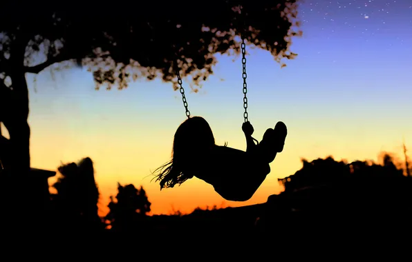 Picture sunset, swing, stars, silhouette, girl