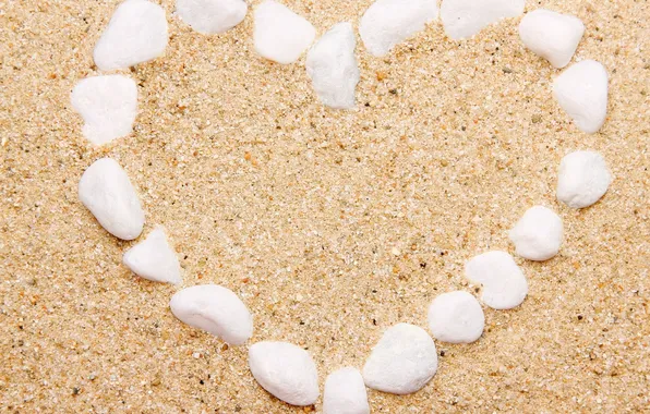 Sand, sea, beach, heart, pebbles