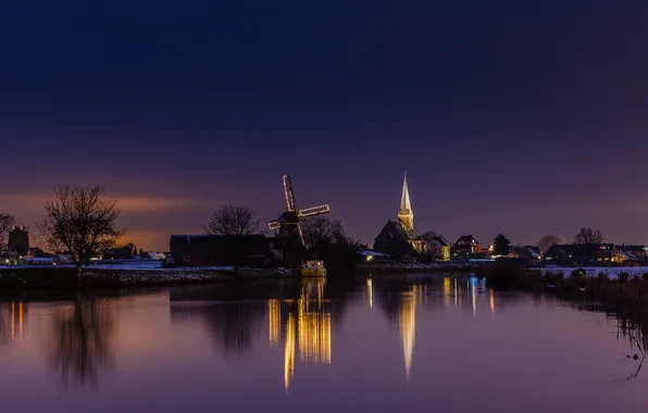 Winter, night, lights, channel, Netherlands, windmill