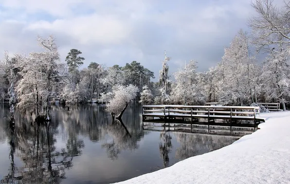 Picture winter, landscape, bridge, lake