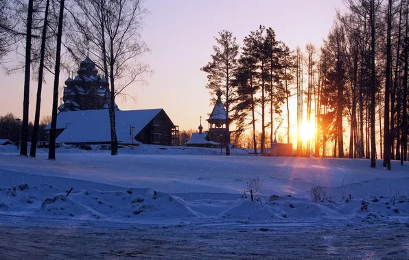 Winter, sunset, temple