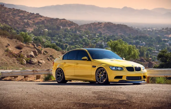 Hills, BMW, BMW, horizon, the fence, yellow, yellow, front