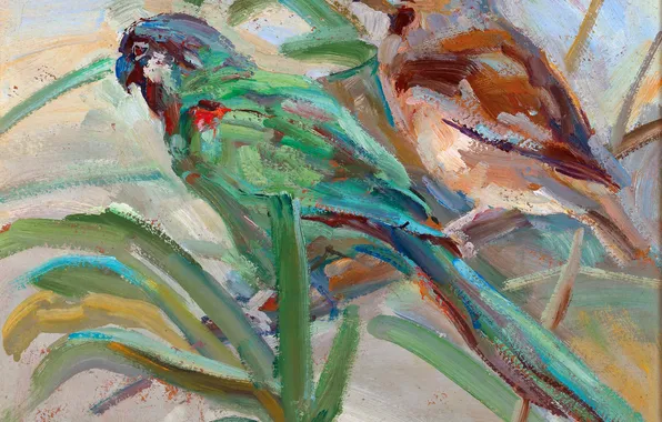 Picture Birds, Branches, Picture, Two, Austrian artist, Karl Feringer, Carl Fahringer, The parrot and the sparrow