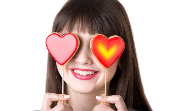 Picture girl, smile, sticks, lipstick, brunette, hairstyle, lips, hearts