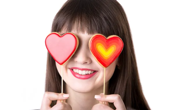 Girl, smile, sticks, lipstick, brunette, hairstyle, lips, hearts