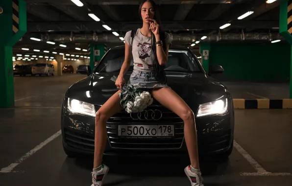 Picture machine, auto, girl, flowers, pose, Audi, feet, Parking