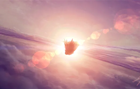 The sky, girl, clouds, sunset, angel, fantasy, falls
