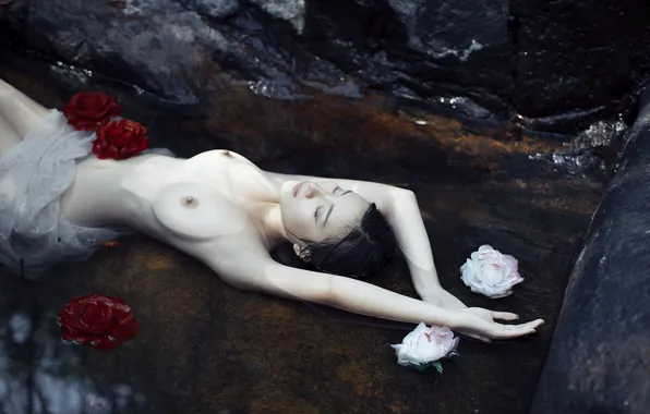 Water, girl, flowers