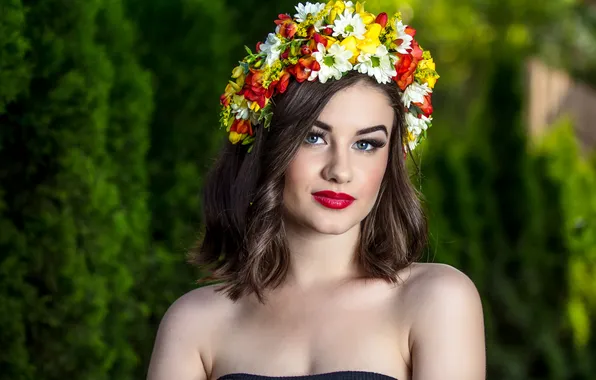 Greens, girl, flowers, nature, face, eyelashes, portrait, makeup