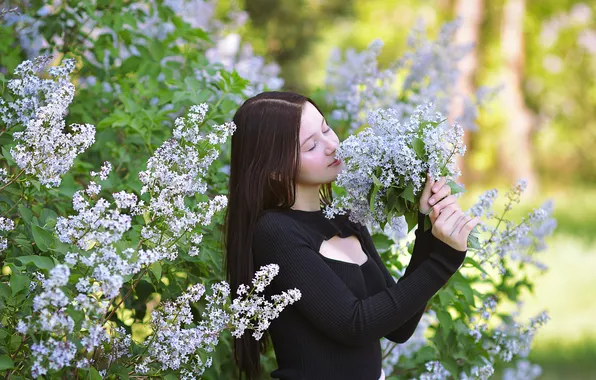 Girl, flowers, branches, nature, pose, mood, bouquet, spring