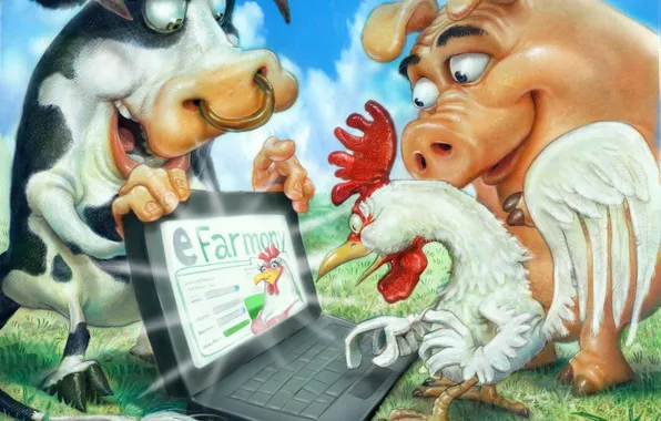 Computer, pig, farm, cock, bull