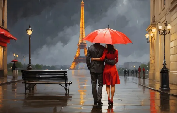 Girl, the city, rain, Paris, umbrella, pair, male, Eiffel tower