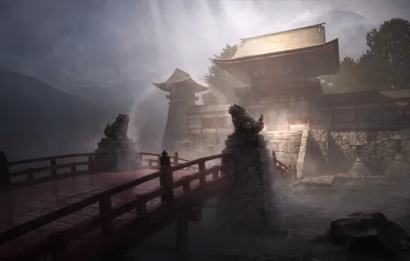 Bridge, rain, temple, statues, guardians