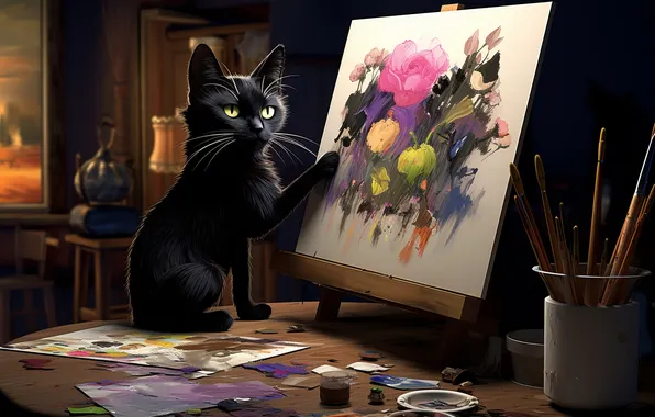 Cat, Black, Table, Cat, Picture, Art, Digital art, Brush