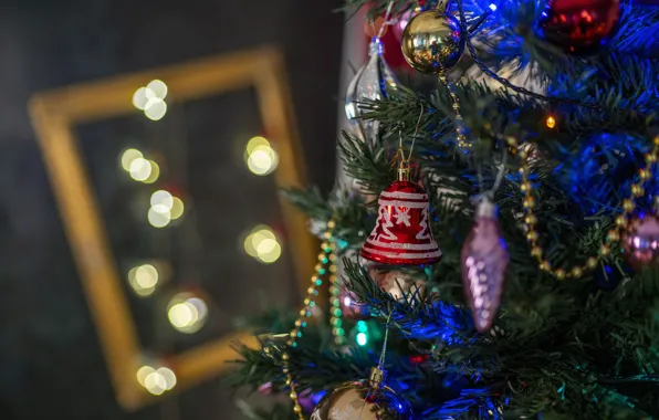 Picture winter, balls, lights, holiday, toy, tree, new year, frame