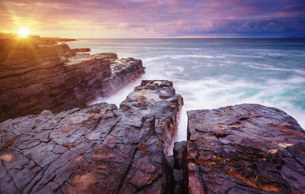 Picture wave, the sky, the sun, clouds, landscape, sunset, nature, rock