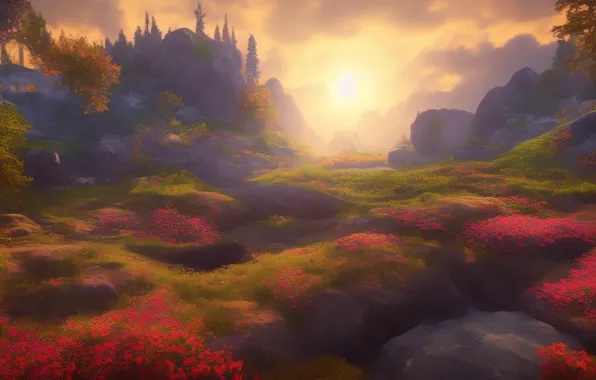 Autumn, the sun, clouds, rays, light, flowers, mountains, nature