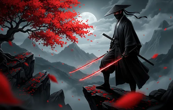 The sky, clouds, mountains, tree, Wallpaper, the moon, art, samurai