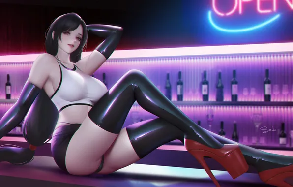 Picture Final Fantasy, long hair, women, digital art, big boobs, sitting, dark hair, Tifa Lockhart