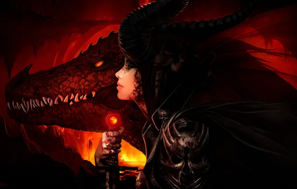 Girl, weapons, fire, dragon, sword, art, lava, horns