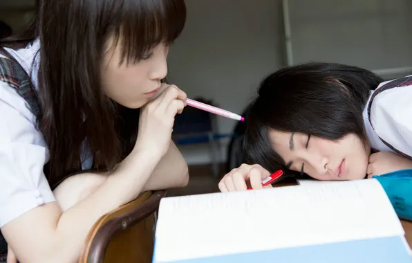 Asian, Table, Women, Models, Cute, Desk, Pretty, Book