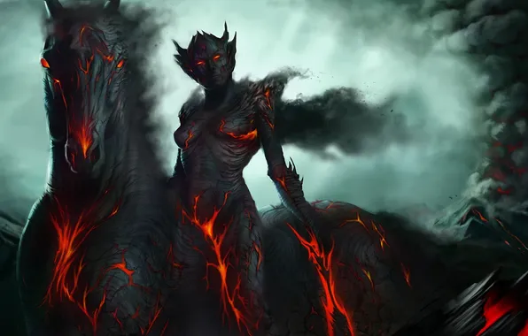 Mountains, cracked, fire, horse, woman, art, lava, Adam Duff