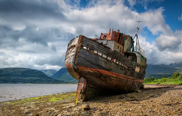 The sky, clouds, stones, hills, shore, view, ship, Scotland