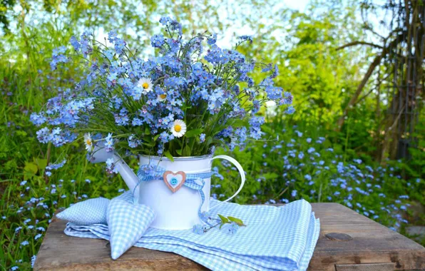 Nature, table, blue, heart, chamomile, bouquet, nature, heart