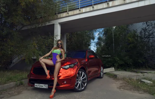 Girl, red, feet, car, infiniti, Alex Bazilev