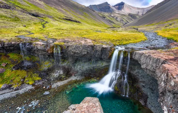 Picture mountains, stream, stones, waterfall, valley, Iceland