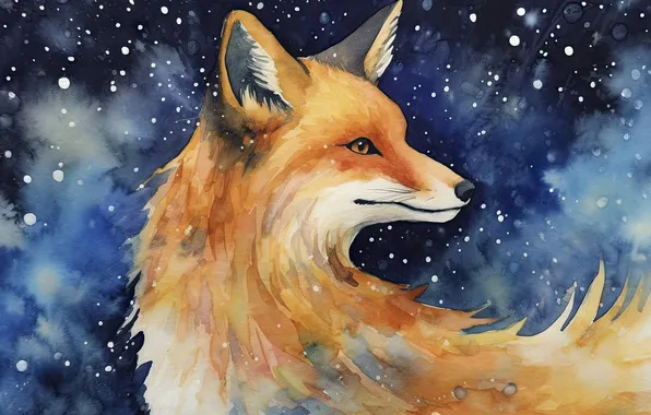 Winter, look, snow, night, portrait, watercolor, Fox, profile