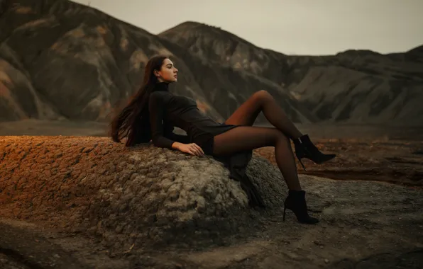 Picture girl, mountains, pose, legs, long hair, Ivan Kovalev, Maria Gorobets