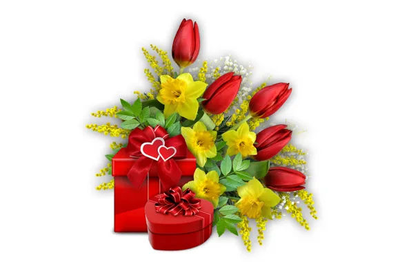 Picture gifts, hearts, tulips, daffodils