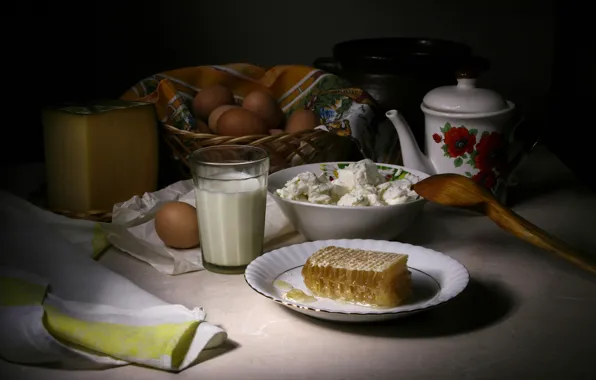 Glass, the dark background, table, food, eggs, cell, cheese, kettle