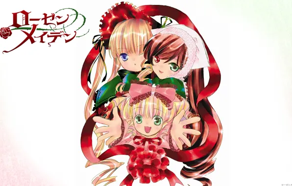 Picture smile, white background, bow, cap, rozen maiden, three, different eyes, shinku