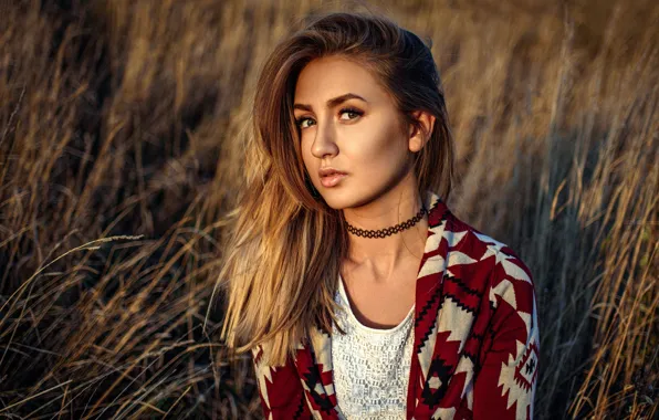 Picture field, grass, look, the sun, nature, model, portrait, brown hair