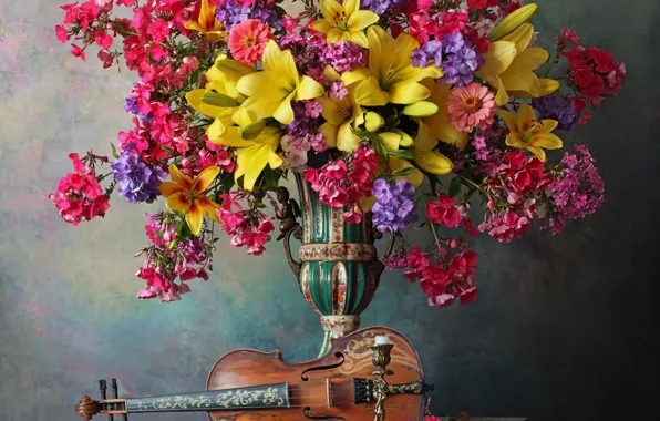 Picture flowers, style, background, violin, Lily, bouquet, vase, still life