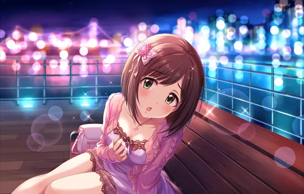 Lights, girl, cleavage, green eyes, dress, brown hair, boobs, anime