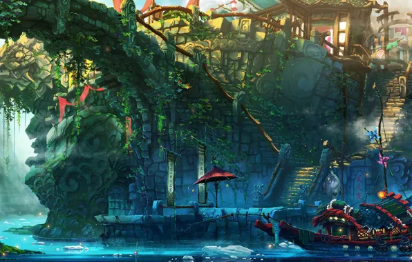 Boat, Marina, art, steps, Chinese motifs