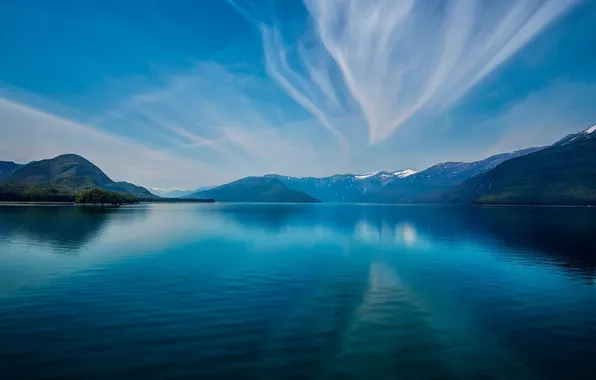 The sky, clouds, snow, mountains, lake, reflection, blue, lake
