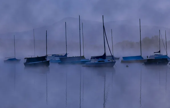 The sky, mountains, fog, lake, boat, yacht