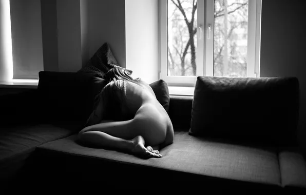 Girl, room, sofa, black and white, pillow, window