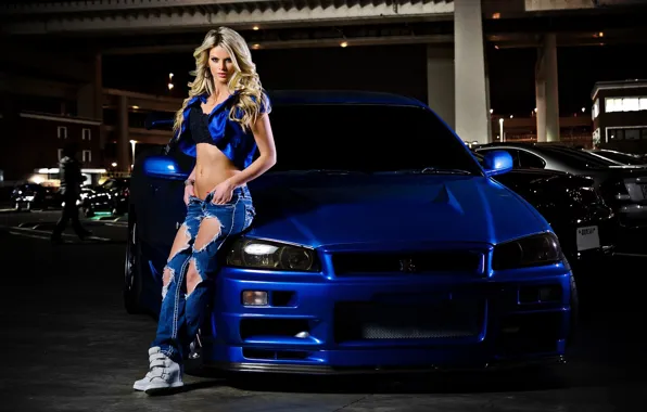 Auto, look, girl, hairstyle, Nissan, beautiful blonde, trendy outfit