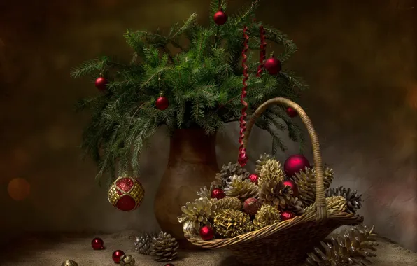 Balls, branches, holiday, balls, new year, spruce, fabric, vase